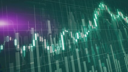 Financial Market Trend: An abstract image depicting a dynamic stock market chart with vibrant teal and purple accents, visualizing the fluctuating trends and data points of financial markets.  