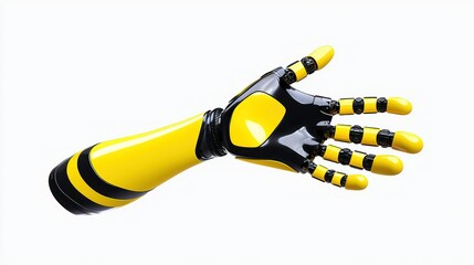 Yellow Robotic Hand: A futuristic, sleek, and captivating robotic hand, adorned in a vibrant yellow and black color scheme, extends its palm in a welcoming gesture.