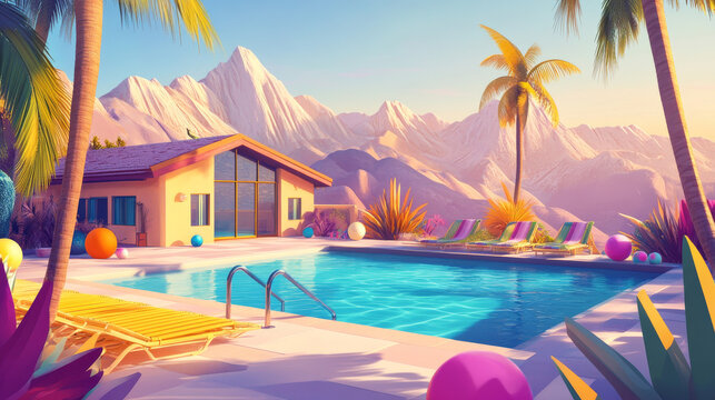 House and swimming pool with deck chairs on poolside and balls in water. Vector cartoon summer landscape with villa, basin on lawn, palms and mountains on background