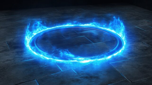 Energy spinning circle with blue glowing rays. Fantasy portal, magic twirled teleport on floor iod illustration. Effect energy ray teleport futuristic illustration