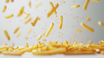 Obraz premium A playful shot of being scattered across a white surface, with a focus on the crispiness and golden color of the fries against the plain background.
