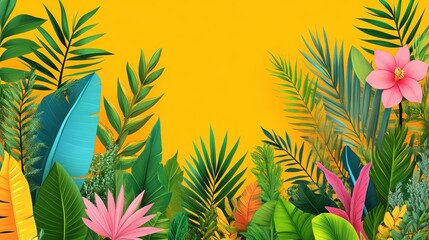 Fototapeta premium Vibrant Tropical Foliage and Blossom Floral Design Summer Paradise Background