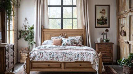 A rustic bedroom scene with a wooden bed frame, patterned bedding, and vintage decor elements, featuring a large window with natural light illuminating the room.