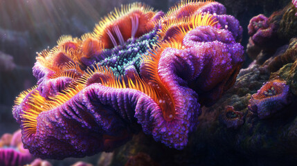 Fototapeta premium Fantasy flowers, trees, and mushrooms from alien world or planet. Vector cartoon set of fantastic plants with dripping slime, teeth, and eyes. Unusual fungus and grass with mystic glow