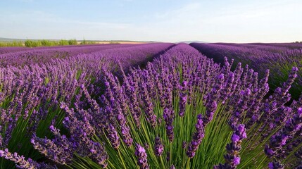 Fototapeta premium A close-up of vibrant lavender rows in full bloom under a clear blue sky, emphasizing the natural beauty and rich purple hues