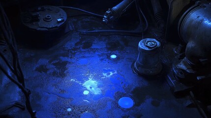 Oil leak detection dye under UV light in an engine bay