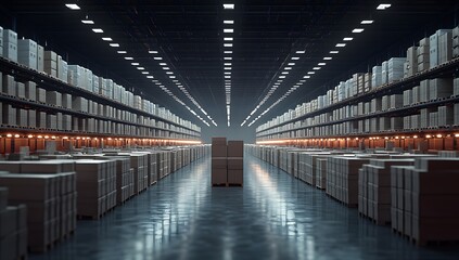 Obraz premium Warehouse interior, stacked boxes, illuminated, perspective