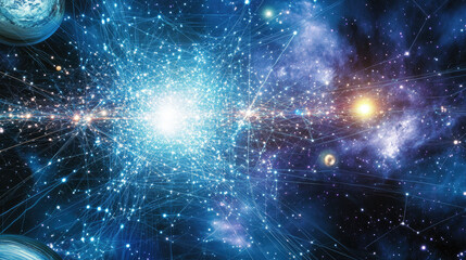 An abstract glowing grid of stars and planets, symbolizing the precision of universal space measurement.