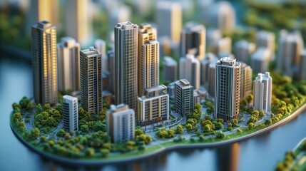 Fototapeta premium A detailed miniature model of a modern cityscape with various buildings and greenery, showcasing urban planning and architecture.
