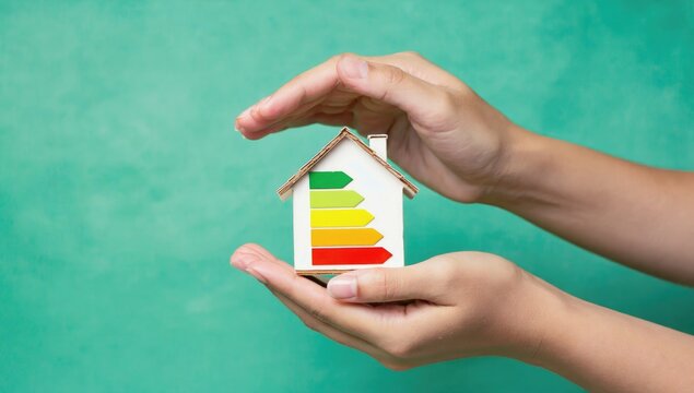 Protecting Your Energy Efficient Home: A pair of hands cradle a miniature house with an energy efficiency rating sticker, symbolizing the importance of sustainable living and energy conservation.