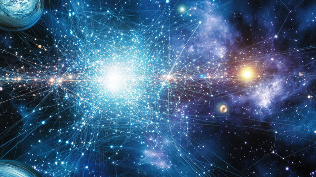 An abstract glowing grid of stars and planets, symbolizing the precision of universal space measurement.