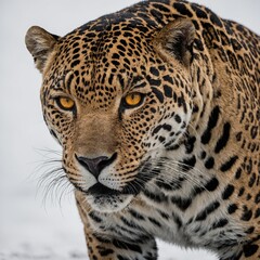 Fototapeta premium A muscular, powerful jaguar prowling forward, its golden eyes glowing against a white backdrop.