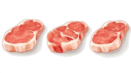 Three Raw Steak: Three juicy, raw steak cuts, perfectly marbled and ready to be grilled or pan-seared. Ideal for recipes and culinary demonstrations. 