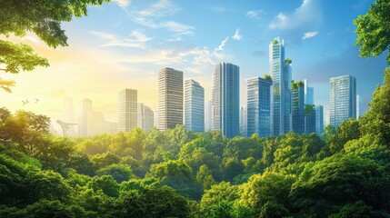 Fototapeta premium Illustration of a green cityscape with modern skyscrapers, lush trees, and environmental conservation elements, representing urban sustainability.