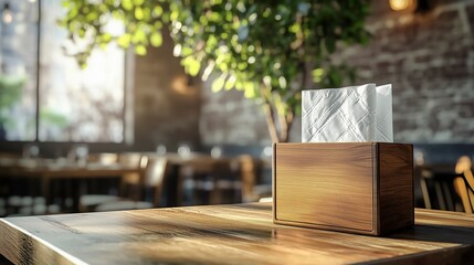 Sleek modern napkin dispenser with clean metallic design placed on a table in a stylish restaurant setting.