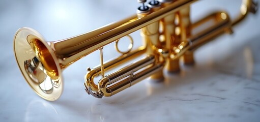 Obraz premium Golden Trumpet on Marble Surface: A Musical Instrument Close-Up