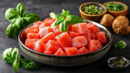 Raw Tuna Cubes:  A close-up shot of raw, cubed tuna in a bowl.  The  bright red meat is  garnished with fresh basil and peppercorns, suggesting a delicious culinary experience.