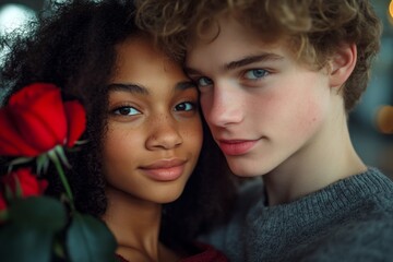 Obraz premium Sign of love and affection. Commercial ad campaign concept. Valentine's day, soulmatescouple: dazzling bold image of loving mixed-race teenager couple. Charming connection. Passion and love.