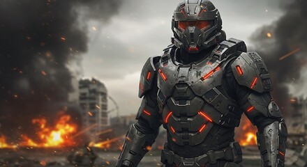 Futuristic Soldier Combat Armor Urban Battlefield Heavy Fire Tactical Gear Glowing Accents Generative Ai