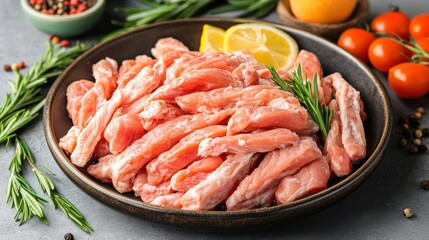 Fresh Salmon Strips: A close-up of fresh, raw salmon strips, glistening with moisture and ready for grilling or pan-searing.  They are arranged on a black platter and surrounded by fresh lemon slices.