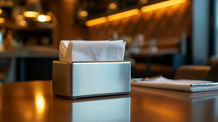 Rustic wooden napkin dispenser with natural wood grain design placed on a restaurant dining table.