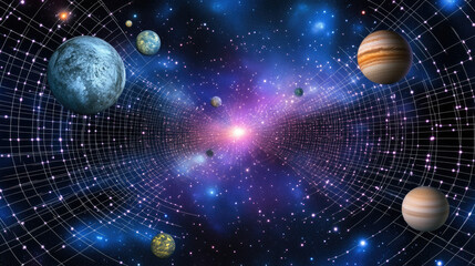 An abstract glowing grid of stars and planets, symbolizing the precision of universal space measurement.