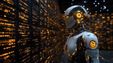 Fototapeta premium White Android Robot in Dark Orange Digital Environment