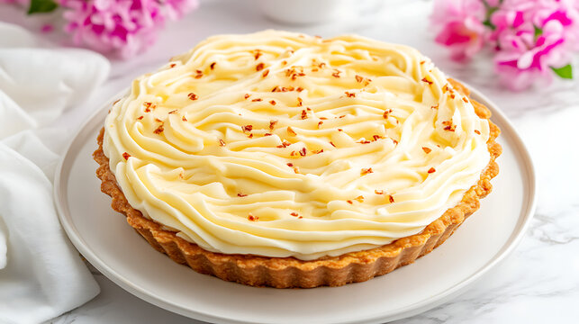 Elegant Lemon Cream Tart on White Plate with Pink Floral Decoration and Marble Surface Still Life