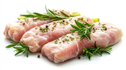 Chicken Roulades with Rosemary: Three succulent chicken roulades, seasoned with herbs and spices, are artfully arranged with fresh rosemary sprigs.  Ready for cooking and brimming with flavor.