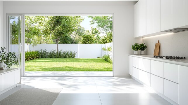Fototapeta Modern kitchen garden view, bright sunlight, home design