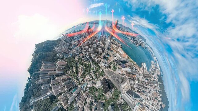 4K still video of Hong Kong's aerial cityscape, zoomed in, showing upward trending lines.