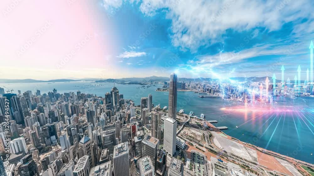 Poster a 4k still video frame shows a hong kong aerial view, zooming in on skyscrapers with superimposed up