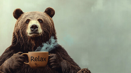 Obraz premium The bear holds a steaming cup with the inscription “Relax” and sits in front of a neutral background with warm, natural light and a peaceful atmosphere 