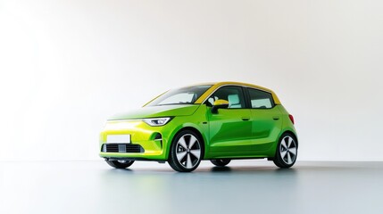 Sleek green compact car with vibrant yellow accents on minimalis