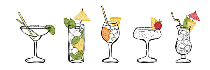 Tropical cocktails minimalist drawings. Modern simple drinks collection