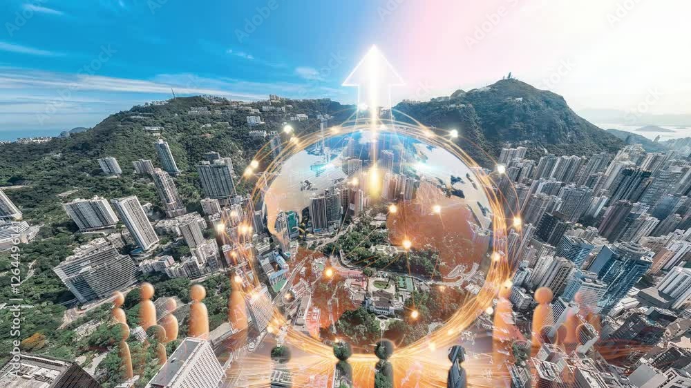 Poster a 4k still video image of hong kong's aerial view, showcasing a futuristic cityscape with a global n