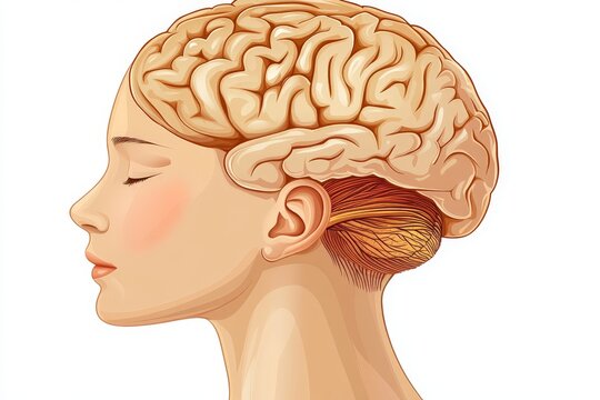 Female profile showcasing intricate brain anatomy illustration in soft tones, highlighting the cerebral cortex with artistic accuracy for neuroscience inspired visuals