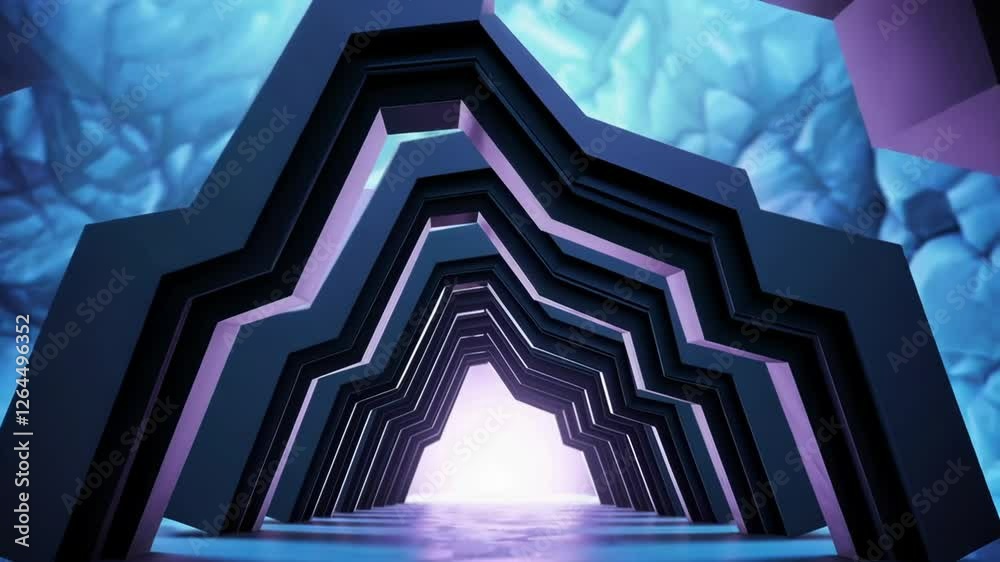 Poster abstract tunnel of interconnected geometric frames leading to a glowing ligh