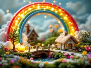 Obraz premium Enchanting miniature village under glowing rainbow with tiny bridge and lush garden