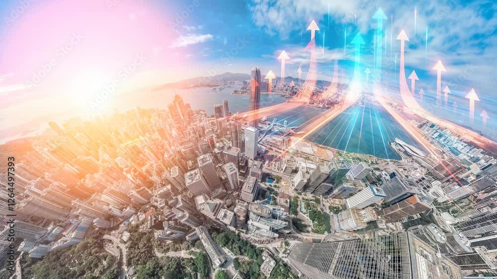 Aufkleber a 4k still video frame of a hong kong aerial view, zoomed in, showing upward trending lines over the