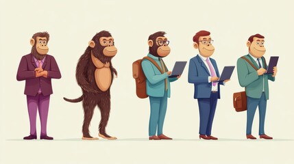 Naklejka premium Human evolution. From monkey to businessman and computer user. Cartoon vector characters evolution human, ape and ancestors illustration