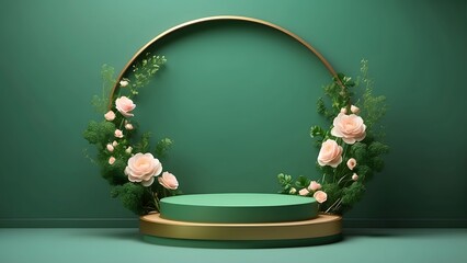 round podium banner with empty space, Green luxury Mother Day theme background, holiday banner poster background for advertisement ads