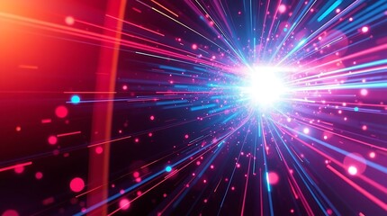 A high-resolution abstract background featuring dynamic light streaks and glowing particles, rendered in a futuristic style with vivid neon colors, emphasizing movement and energy.