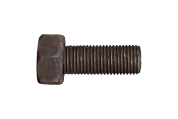 Large rusty bolt with a hexagonal head and a threaded shaft is isolated. 
