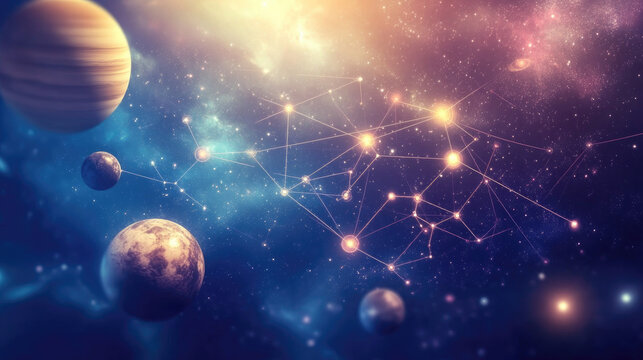 An abstract glowing grid of stars and planets, symbolizing the precision of universal space measurement.