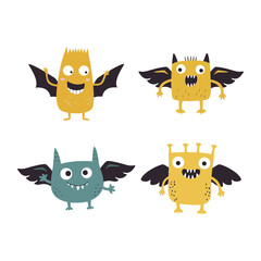 Set of Winged Cute Crazy Ugly Monster Cartoon Character with Humor Happy Expression