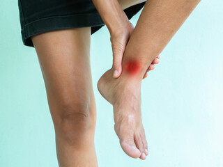 Sore ankle pain foot woman, sprain feet heel knee sore people chronic joint leg hurt injury bone...