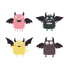 Set of Winged Cute Crazy Ugly Monster Cartoon Character with Humor Happy Expression