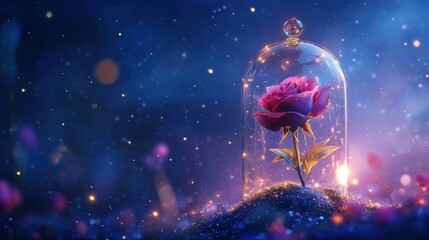 Delicate rose encased in glass dome surrounded by soft glowing lights and glittering particles in a mystical ambiance. Generative AI