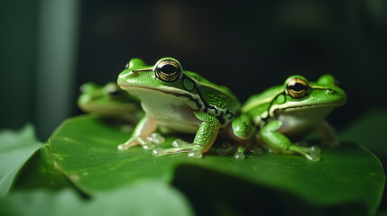 Naklejka premium Emerald Symphony Three Frogs Harmonizing on a Green Leaf Pad Enchanting Nature Scene Photography